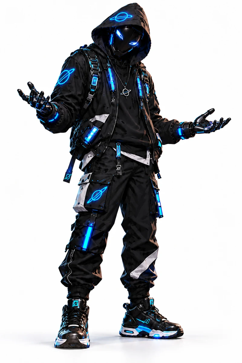 Mike – Avatar mit blauen Leuchtelementen und fragender Geste